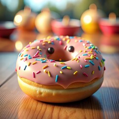 The Donut's Gaze A Pink Glazed Doughnut with Sprinkles on a Wooden Table, donut , food , dessert , bakery