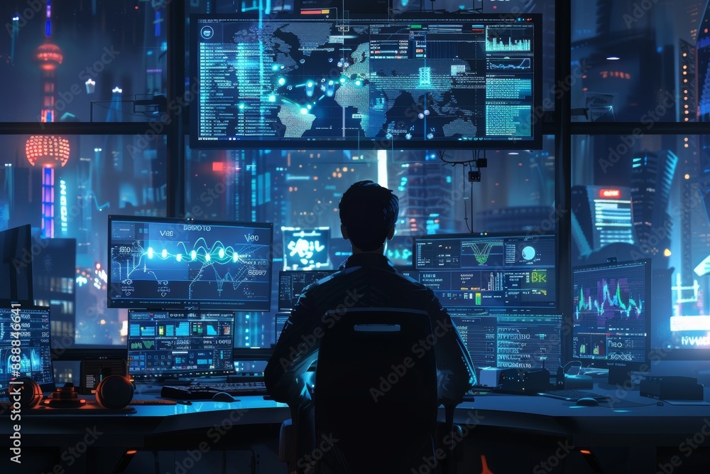 Poster Cyberpunk Hacker in Futuristic Cityscape Overseeing Global Networks