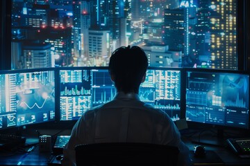 Male stock trader analyzing market data on multiple computer screens in a dark room with a cityscape view at night