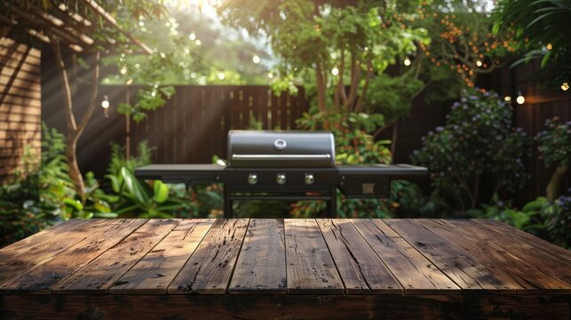 BBq grill in the back yard background with empty wooden table, Generative AI