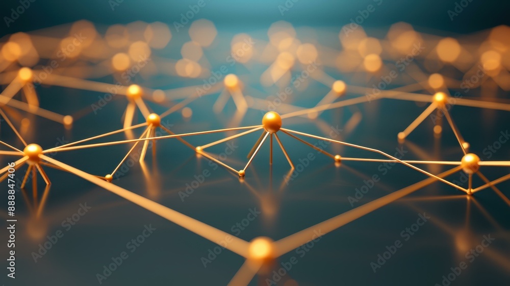 Poster gold wires connect separate entities, symbolizing networking and social media on a rustic wood backg