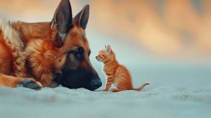 Affectionate cat and dog touch noses in a heartwarming display of friendship and love.