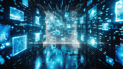 Fototapeta premium Silhouette of a person walking through a futuristic lab, surrounded by holographic screens displaying Fewshot Learning, blue glowing light, lowangle view