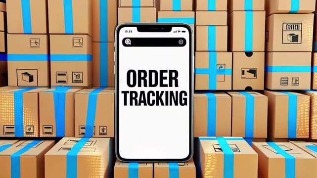 A smartphone with the words "Order Tracking" on the screen sits in front of a bunch of brown cardboard boxes.
