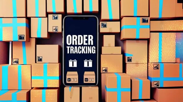 A mobile phone with the words "Order Tracking" on the screen in front of a bunch of cardboard boxes