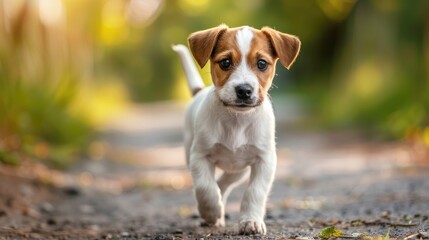 Adorable Jack Russell Terrier on a leisurely stroll outdoors Portrait with focused background and space for text