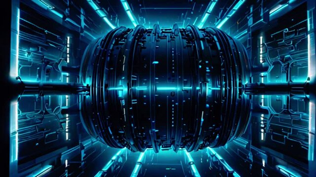 This is an illustration of a nuclear fusion reactor with glowing blue lights and dark metal walls.