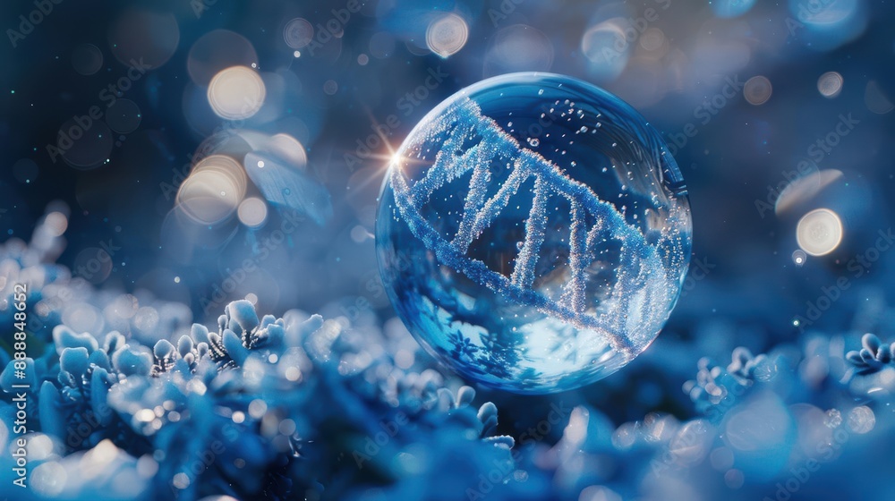 Poster blue frosty sphere with a dna helix floating in front soft lighting macro shot