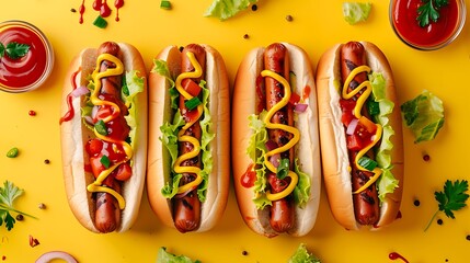 Hot dogs with ketchup and veggies against a yellow backdrop