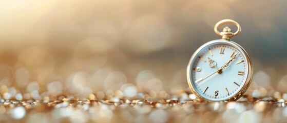  A tight shot of a golden pocket watch against a backdrop of gold and silver, with a halo of soft light in the background