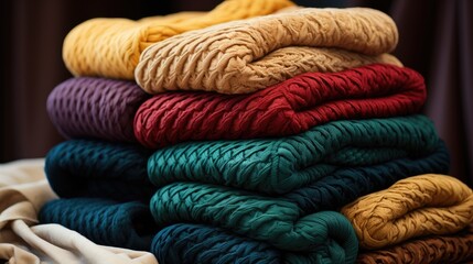 Stacked knitwear in rich textures, highlighting the cozy warmth and handcrafted quality of woolen garments  