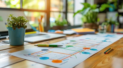 Business strategy, customer journey mapping, creative workspace, Watercolor style