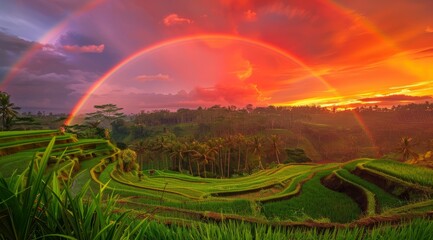 Obraz premium Breathtaking Rainbow Over Lush Green Rice Terraces At Sunset