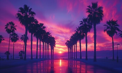 Palm trees framed by purple and pink shades of sunset create an incredible sight, Generative AI