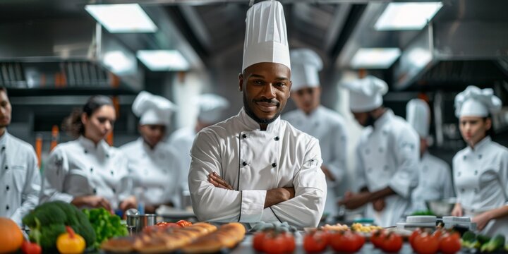 international culinary students taking guidance from a top chef inside a hotel management class