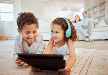 Siblings, tablet and family home with learning game and app for education development and growth....