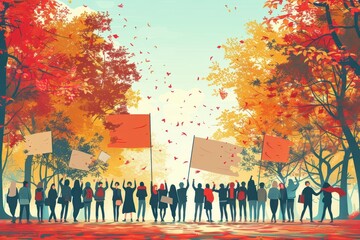 Voters celebrating democracy in autumn park, flat illustration, warm tones, inclusive style, electoral unity