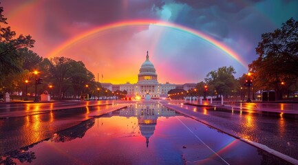 Obraz premium Rainbow Over the Capitol Reflecting in Water at Dusk