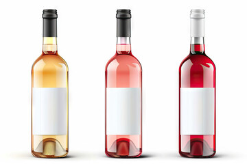 Trio of wine bottles showcasing white, rosé, and red wine varieties with blank labels on a white background.
