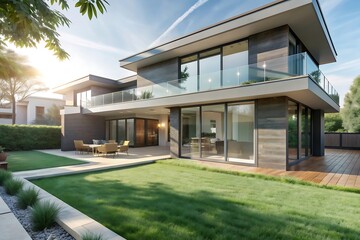 Modern House with Green Grass Lawn and Wooden Deck.