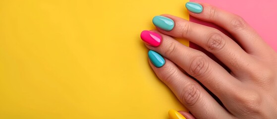 Fototapeta premium A woman's hand with a multicolored manicure holds a yellow and pink nail polish bottle against a matching yellow and pink background