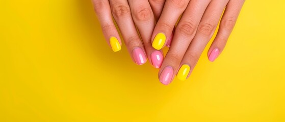  A woman's hands with contrasting yellow and pink manicures against a yellow background, accented by a single yellow prop