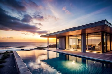 Fototapeta premium Modern house with infinity pool overlooking the ocean at sunset.