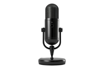 Black podcast microphone isolated on transparent background