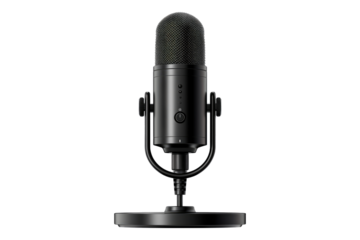 Black podcast microphone isolated on transparent background