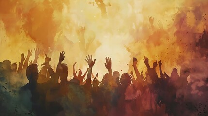 Fototapeta premium A crowd at a festival with hands up, watercolor effect, soft and muted tones