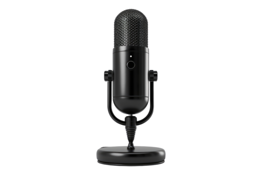 Black podcast microphone isolated on transparent background