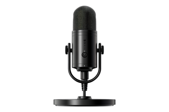 Black podcast microphone isolated on transparent background