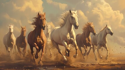 Beautiful white and brown horses run gallop in the sky.