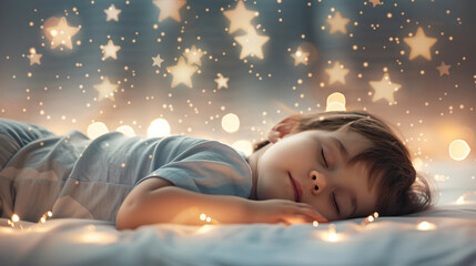 A young child is sleeping on a bed with a starry sky above them. The scene is peaceful and calming, with the child's head resting on a pillow. The stars in the sky are twinkling