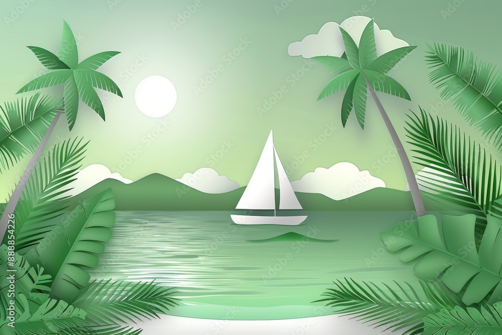 Poster sailboat on a tropical lake with palm trees and mountains creating a serene and peaceful setting