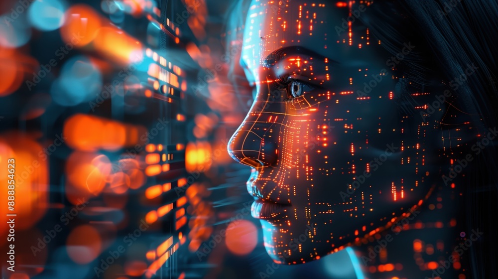 Poster digital dreamscape, human-technology interface, futuristic facial overlay, illuminated code patterns