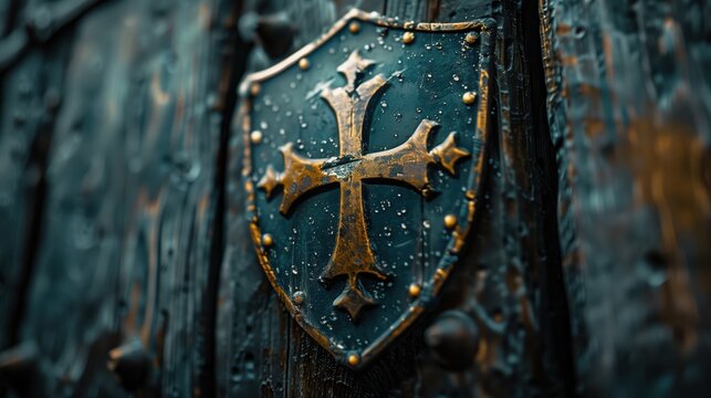 Rusty medieval shield with golden cross emblem on aged wooden door, evoking ancient history and mystery, detailed close-up with rain droplets, worn texture highlighting age