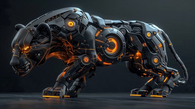 Cybernetic Panther Stealth Mode, futuristic mechanical predator, sleek black armor, glowing orange circuits, advanced robotics