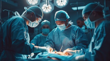 Surgeons focused on a critical operation, bright surgical lights illuminating their precise work in an advanced operating room.