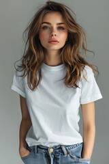 Obraz premium White tshirt mockup on woman model created with Generative AI