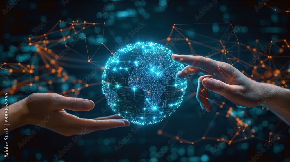 Poster connecting the digital world, hands reaching towards a glowing digital globe with network connection