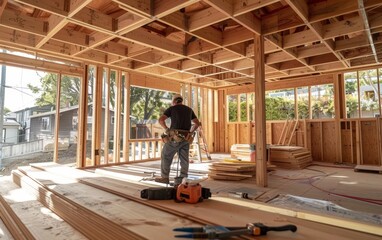 Fototapeta premium The interior of an unfinished home shows the intricate wooden framing that forms the structure, with beams, panels, and supports visible throughout the open space.