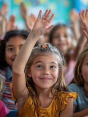 Fototapeta premium Engaged students in bright classroom, eager young girl raising hand, warm inviting atmosphere, learning in progress, joyful faces, interactive education, sense of curiosity