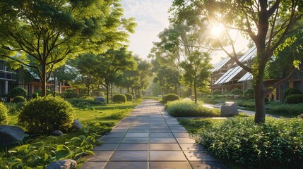 Obraz premium An urban park with green spaces, clean air, and renewable energy installations, showcasing urban green spaces and energy efficiency ,