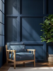 Obraz premium Cozy reading corner with blue armchair, navy paneled wall, large potted plant, and soft natural light