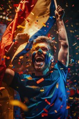 Vibrant scene of Caucasian man wearing blue shirt, celebrating with confetti, holding up arms in joyful gesture, suggesting festive atmosphere dynamic, energy composition create lively central focus.