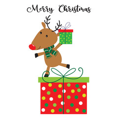 christmas card with cute reindeer and present