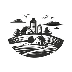 Naklejka premium Farmhouse, barn, rolling hills, trees, deer, and clouds in black and white ,generative ai 