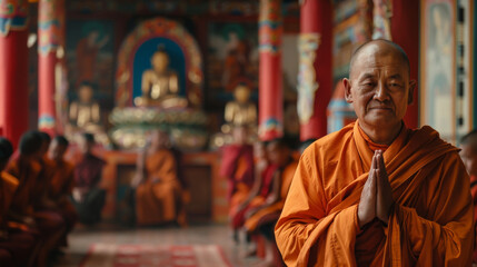 A man in an orange robe is praying in front of a group of monks