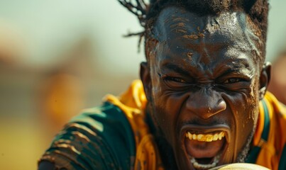an african aggressive rugby player on the pitch screaming, he is holding a rugby ball, Generative AI